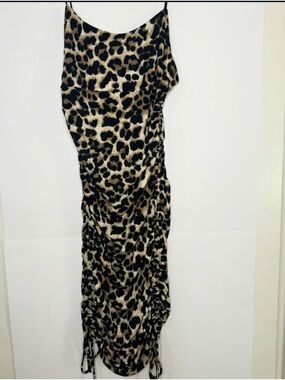 Leopard Print Ruched Slip Dress - Tan & Black